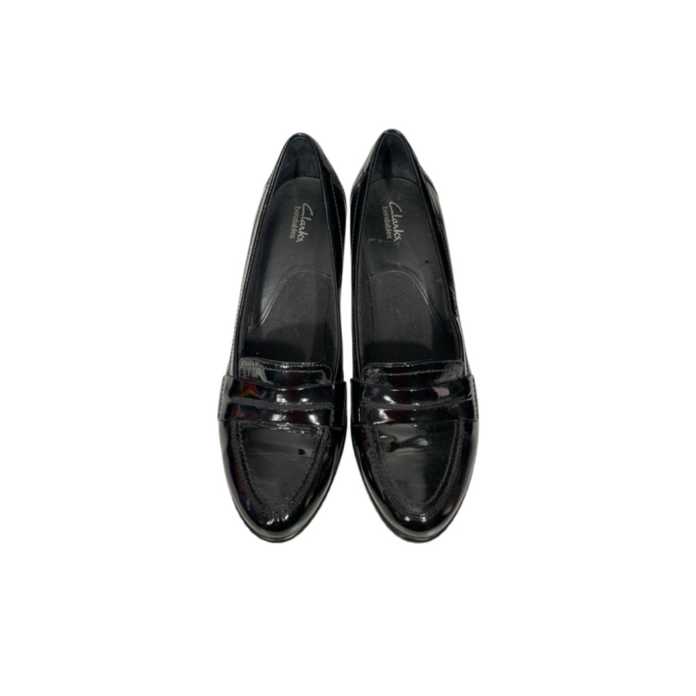 Size 9 Black Clark’s heeled loafers shiny low heel patent leather shoes - Picture 2 of 7